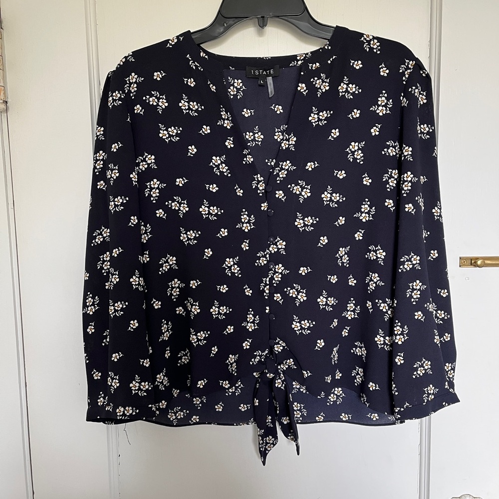 Navy with floral print sheer blouse, L, by 1 State